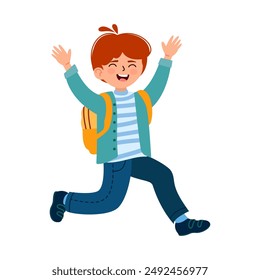 A happy boy with a backpack behind his back is jumping. The schoolboy is happy. Vector illustration in cartoon style isolated on white background.