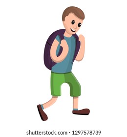 Happy boy with backpack icon. Cartoon of happy boy with backpack vector icon for web design isolated on white background