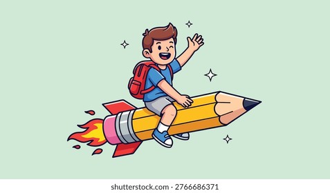 A happy boy with a backpack rides a pencil shaped like a rocket, symbolizing fast learning and back to school.