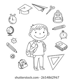 Happy boy with a backpack surrounded by school supplies