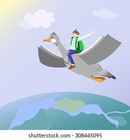 Happy boy with backpack waving sits on flying goose which wings look like book pages. Back to school, studying and reading concept. Vector illustration in eps8 format.