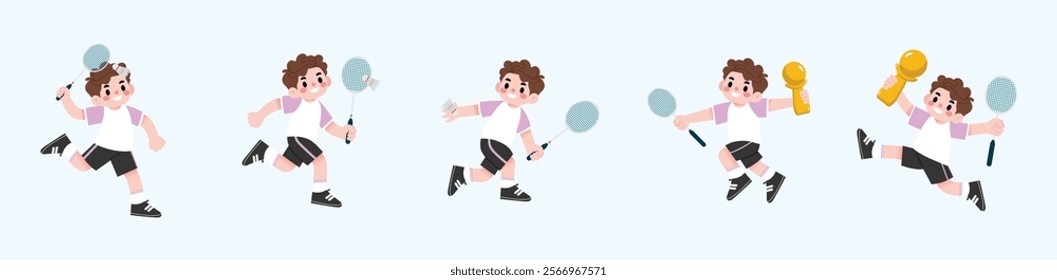 Happy Boy Badminton Player Winning Championship Trophy Cartoon Illustration