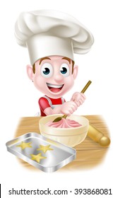 A happy boy baker in chefs hat stirring a bowl of cake mix with a wooden spoon