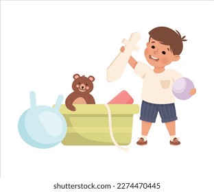 Happy Boy with Ball and Sword Playing Toys in His Playroom Having Fun Vector Illustration