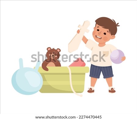 Happy Boy with Ball and Sword Playing Toys in His Playroom Having Fun Vector Illustration
