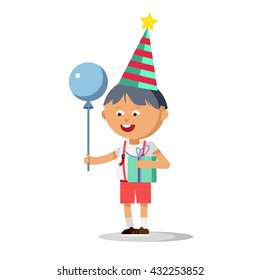 Happy boy with balloon and gift is going to party. Children patry. Birthday party. Young male cartoon character in white background. Happy childhood. Party kids.