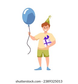 Happy boy with balloon holding gift box decorated with blue bow. Concept of holiday surprise, birthday celebration, bonus or prize. Cartoon flat color vector present illustration isolated on white