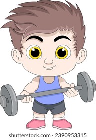 happy boy barbell lifting workout. creative image