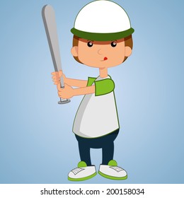 a happy boy with a baseball bat in blue background