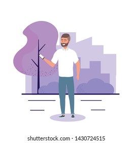 happy boy with beard and casual clothes