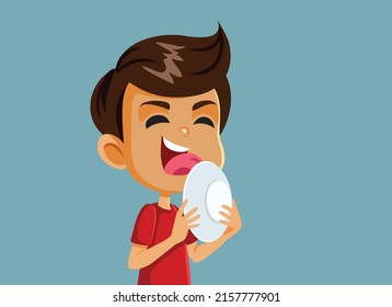 
Happy Boy with Big Appetite Licking the Plate Vector Cartoon. Gourmand child craving for delicious meal finishing it  


