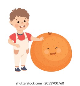 Happy Boy with Big Orange Fruit with Cheerful Vector Illustration