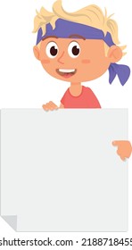 Happy boy with big paper note. Blank banner template