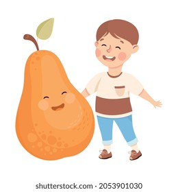 Happy Boy with Big Pear Fruit with Cheerful Vector Illustration