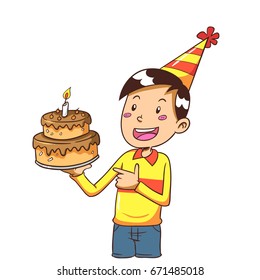 Happy boy with birthday cake. Flat icon design. vector illustration