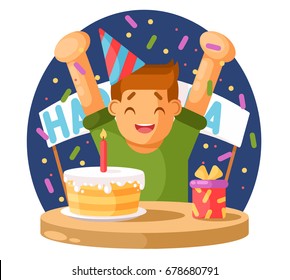 Happy Boy And A Birthday Cake. Vector Illustration