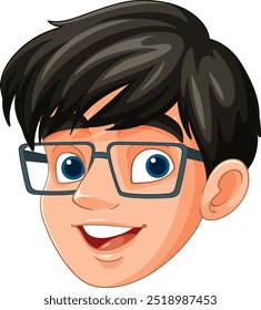 Happy boy with black hair and glasses