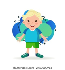 Happy boy with blond hair and with open hands. Little kid in T-shirt, shorts and trainers. Childhood concept. Vector illustration can be used for topics like gesturing, greeting, sport.