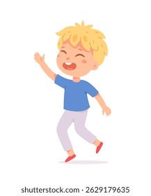 Happy boy with blonde hair in blue shirt and white pants. Smiling child character raising hand and dancing joyfully on white background. Cute vector illustration for kids themes.