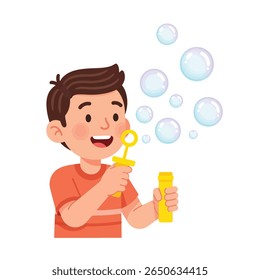 A happy boy blows soap bubbles with a wand, creating a cluster of shimmering spheres in the air.  His joyful expression adds to the lighthearted scene.