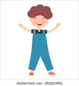 A happy boy in a blue jumpsuit on a white background for use in clipart or web design