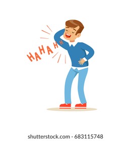 Happy boy in a blue pullover laughing out loud colorful character vector Illustration