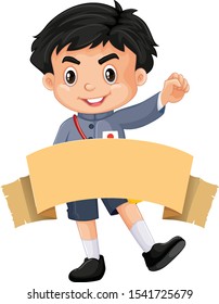 Happy boy with brown banner illustration