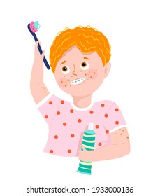 Happy Boy brushing his teeth holding toothbrush and toothpaste, wearing braces. Kids and children dental and orthodontist care illustration design. Vector cartoon.