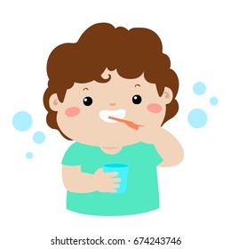 Happy boy brushing teeth cartoon vector illustration.