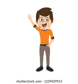 Happy boy calling someone away cartoon character vector illustration