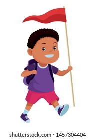 Happy boy with camping backpack and flag ready to summer camp ,vector illustration .graphic design.