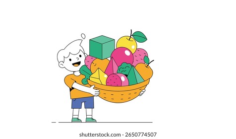 Happy boy carrying a basket full of geometric shapes and fruits learning activity
