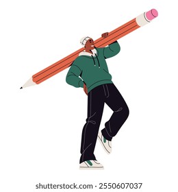 Happy boy carrying pencil. Young man with graphite tool for drawing, writing. Tiny people hold big stationery in hands. Creativity and education. Flat isolated vector illustration on white background