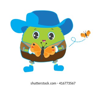 Happy boy cartoon character with flying butterfly (vector esp10)