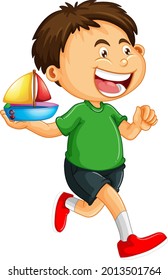 Happy boy cartoon character holding a toy ship illustration