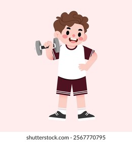 Happy Boy Cartoon Character Lifting Weights Fitness Exercise Child Athlete