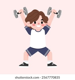 Happy Boy Cartoon Character Lifting Weights Fitness Exercise Child Workout Illustration