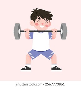 Happy Boy Cartoon Character Lifting Weights Fitness Exercise Strength Training Illustration