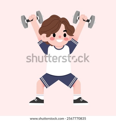 Happy Boy Cartoon Character Lifting Weights Fitness Exercise Child Workout Illustration