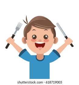 Happy Boy Cartoon Holding Fork And Knife Icon