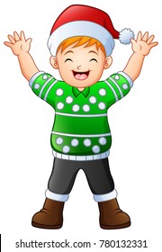 Happy boy cartoon wearing green christmas sweater