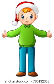Happy boy cartoon wearing green christmas sweater