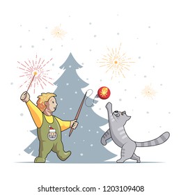  Happy boy and cat play and celebrates Christmas and New Year. Vector color illustration.