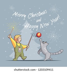  Happy boy and cat play and celebrates Christmas and New Year. Vector color illustration.