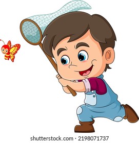 The happy boy is catching a small flying butterfly in the sky of illustration