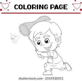 happy boy is catching small flying butterfly coloring page for kids