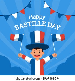 Happy boy celebrating bastille day and waving France flag
