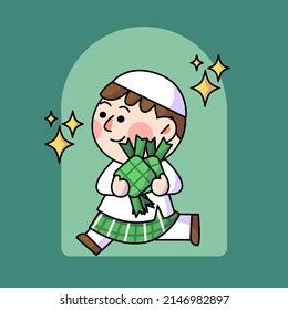 Happy Boy feiert Eid Fitr Mubarak Doodle Poster Illustration Objekt