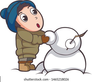 happy boy character cartoon making snowman