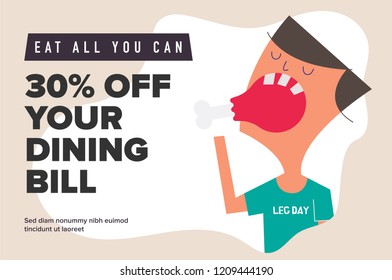 Happy boy character eating chicken legs. Restaurant and fast food eating concept. Vector flat modern illustration. Template for poster/blog/advert/social media.